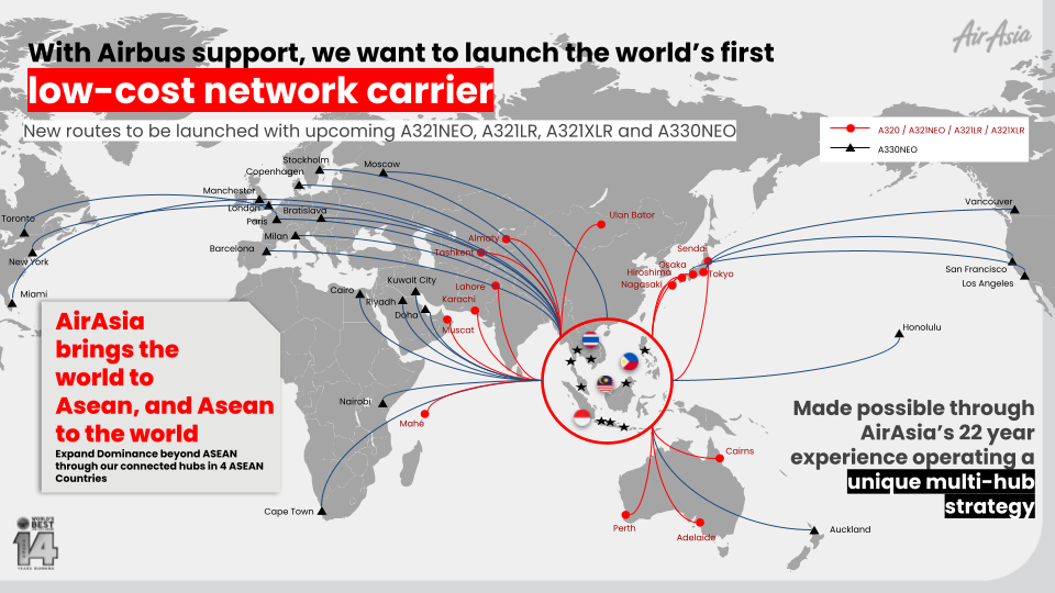 The proposed route map of AirAsia's expansion as the world's first low-fare network carrier